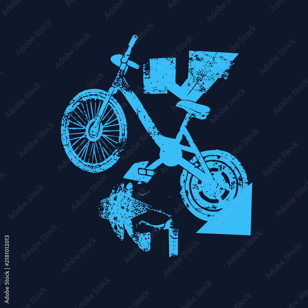 Fototapeta premium Beat up BMX launches into a tailwhip in rough distressed texture. Spoked wheel, pedals and arrows capture energy in flat two tone blue.