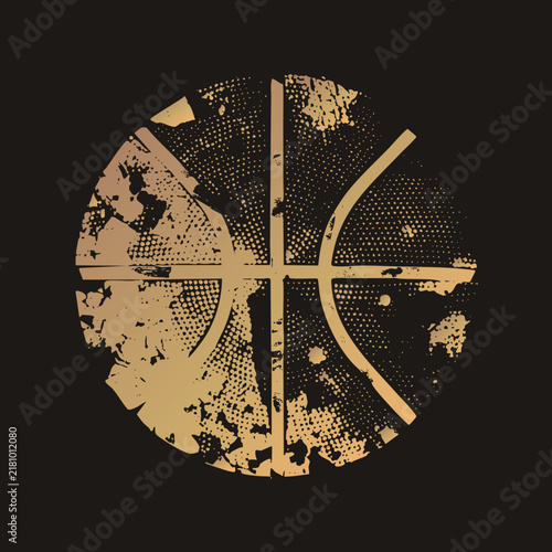 Weathered hoop ball as a gritty streetball with halftone dots and torn grunge texture. Distressed b ball silhouette in warm gold evokes vintage sports poster and urban playground vibes.