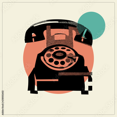 Retro rotary phone in halftone screen print style a vintage dial given a mid century modern makeover with and teal circles, grainy textures, and bold black silhouettes.