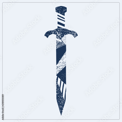 Принти на полотні Weathered medieval knightly steel broadsword as distressed vector cutout, speckled navy texture on and grip, isolated on transparent background