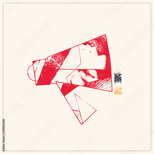 Distressed bullhorn rendered in grunge screen print style, speckled red ink over cream. This loud hailer and protest megaphone brings activist energy, ideal for announcement and campaign visuals.