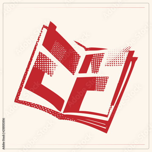 Weathered open tome in rough halftone dots, red ink storytelling read a textbook spread with torn stencil edges. Vintage paperback folio evokes retro print zine aesthetics.