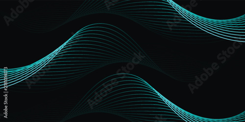 Abstract dark tech wave lines vector background. Neon cyan turquoise glowing wavy lines pattern on black background.