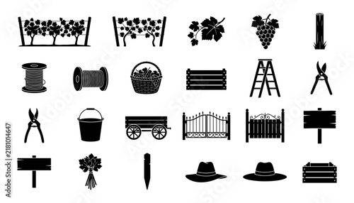 Vineyard Icons Set with Grapes, Tools, and Rustic Elements Featuring Farming