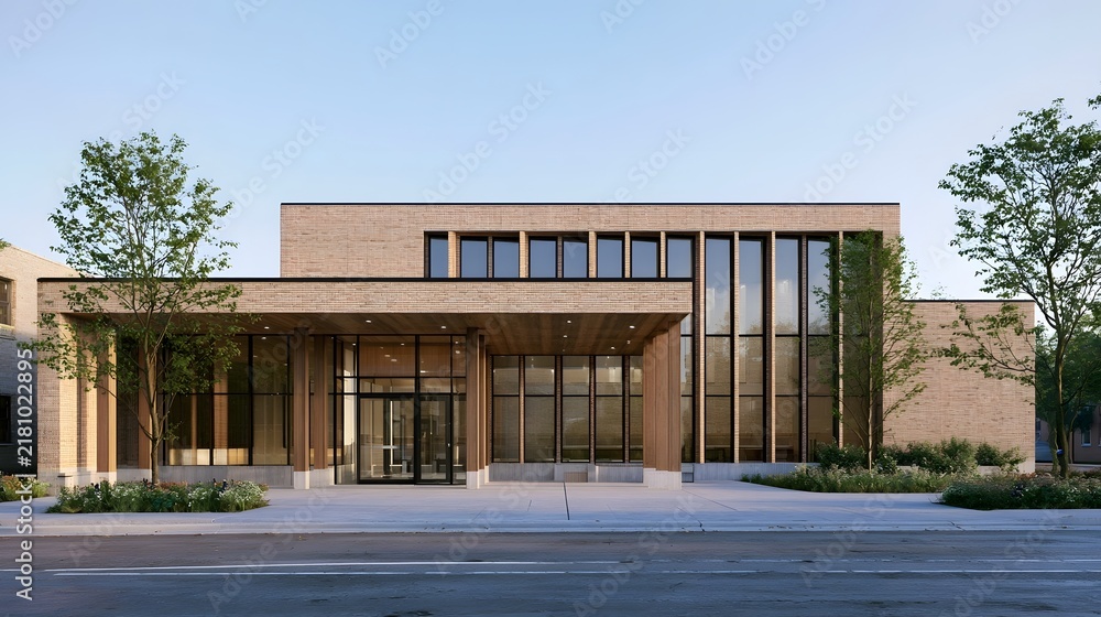 Obraz premium Modern brick building with large glass and covered entrance under clear sky surrounded by trees and paved walkway