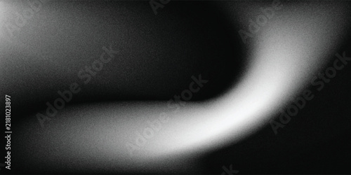 Abstract black and white background featuring a soft, fluid glowing light wave, rich grainy texture, and copy space.