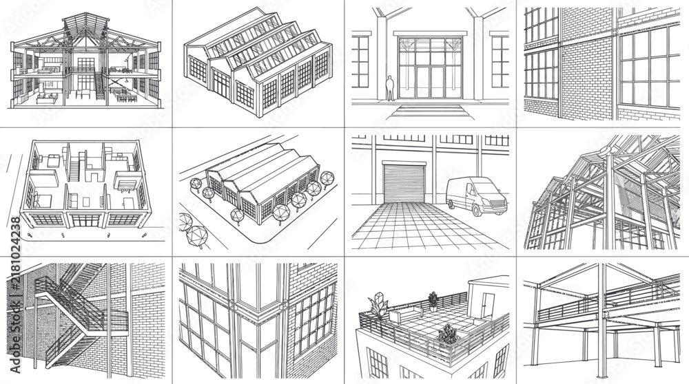 Obraz premium Corporate Architectural Sketch Collection Showcasing Modern Office Buildings Industrial Structures and Urban Design Elements in Black and White