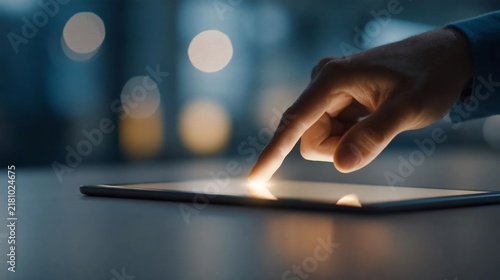 Person touching tablet screen with finger in a dark room with blurred background lights