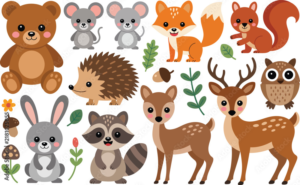 Obraz premium Set of cute cartoon woodland animals including bear fox deer squirrel owl raccoon hedgehog rabbit and mice isolated on white background