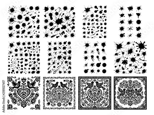 Ink splatters and folk art patterns with birds and hearts during creative design projects Isolated on white background