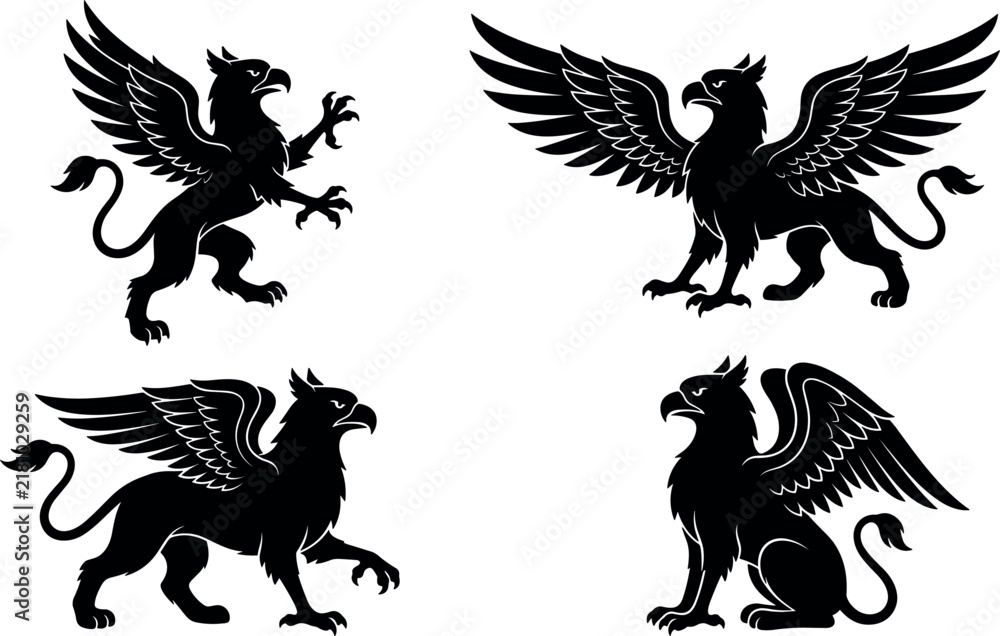 Fototapeta premium Heraldic Griffin Mythological Creature Silhouette Vector Icon Set with Winged Legendary Beasts in Standing, Sitting, and Ramping Poses for Medieval Coats of Arms Graphic Designs