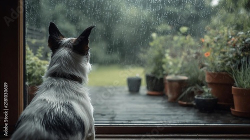 Dog looking through a rainy window at a patio with potted plants Pots Pet