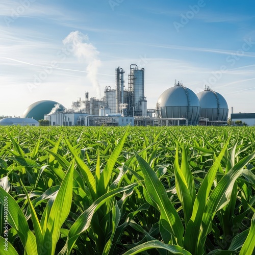 Vibrant green farm crops flourish under sunlight, while large industrial biogas facility towers and domes stand prominently in the distance, summer, resources, fertilizer