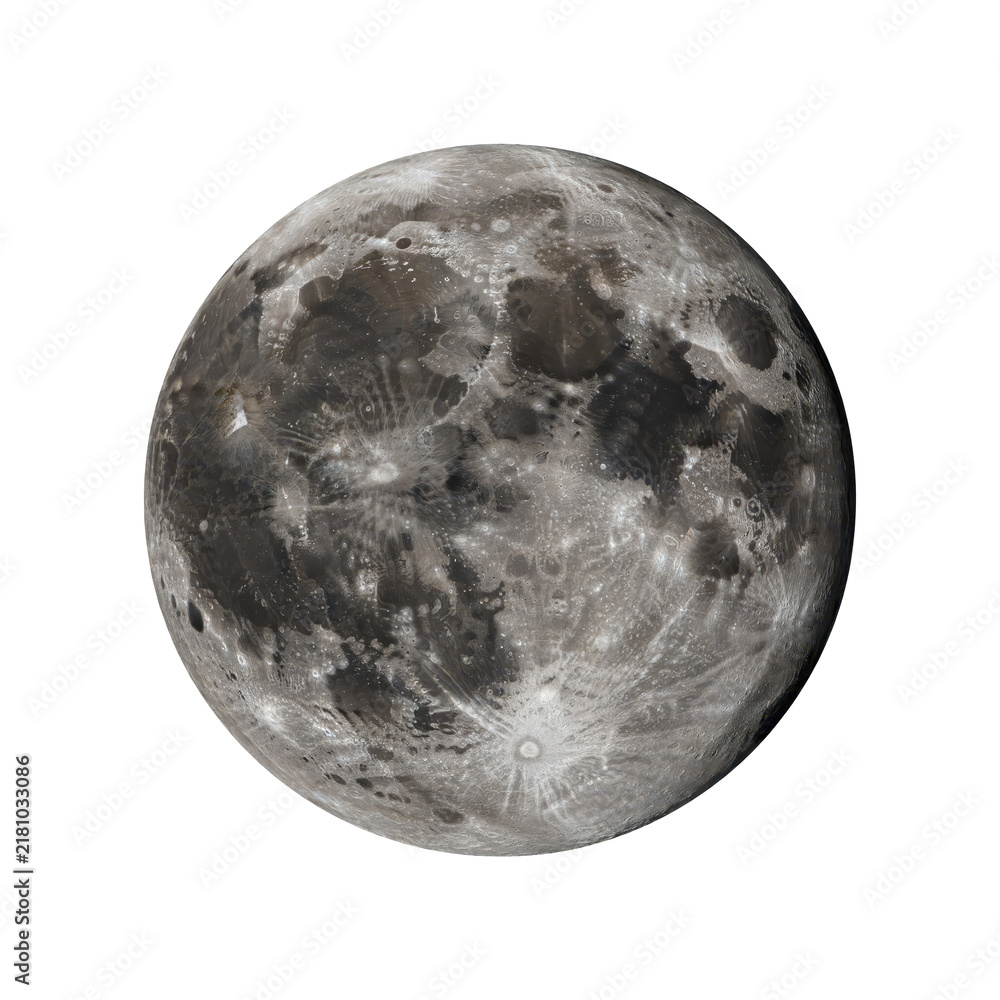 Obraz premium Detailed full moon sphere showing craters, maria, and lunar surface textures in contrast grayscale isolated on a transparent background