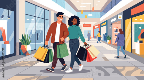 Couple Shopping in Mall: A smiling couple, laden with shopping bags, strolls through a brightly lit, modern shopping mall.