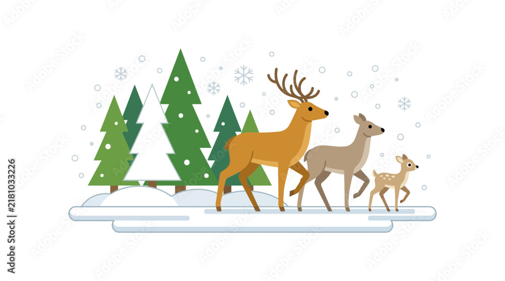 Naklejka premium Family of Deer Walking in a Snowy Winter Forest