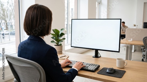 Blank Monitor Screen on Modern Office Desk with Hands Typing