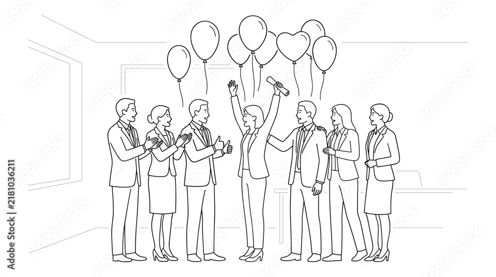 Obraz premium Group of people celebrating with balloons, standing together in line art style, joyous occasion, social gathering, event party, office team success