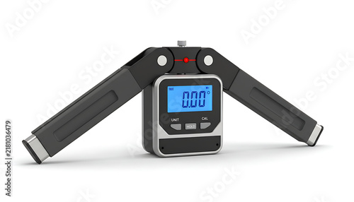 A digital angle finder tool with a blue backlit screen displays a zero degree measurement.