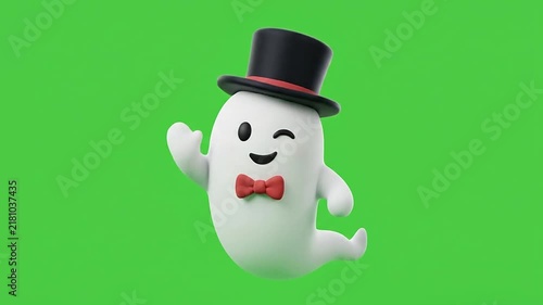 3d cute halloween ghosts wearing top hats on green screen