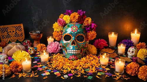 Day of the Dead Skull with Vibrant Floral Offering.