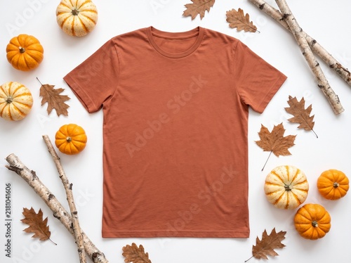 Blank Burnt Orange T-Shirt Mockup on White Background with Autumn Pumpkins, Leaves, and Birch Branches