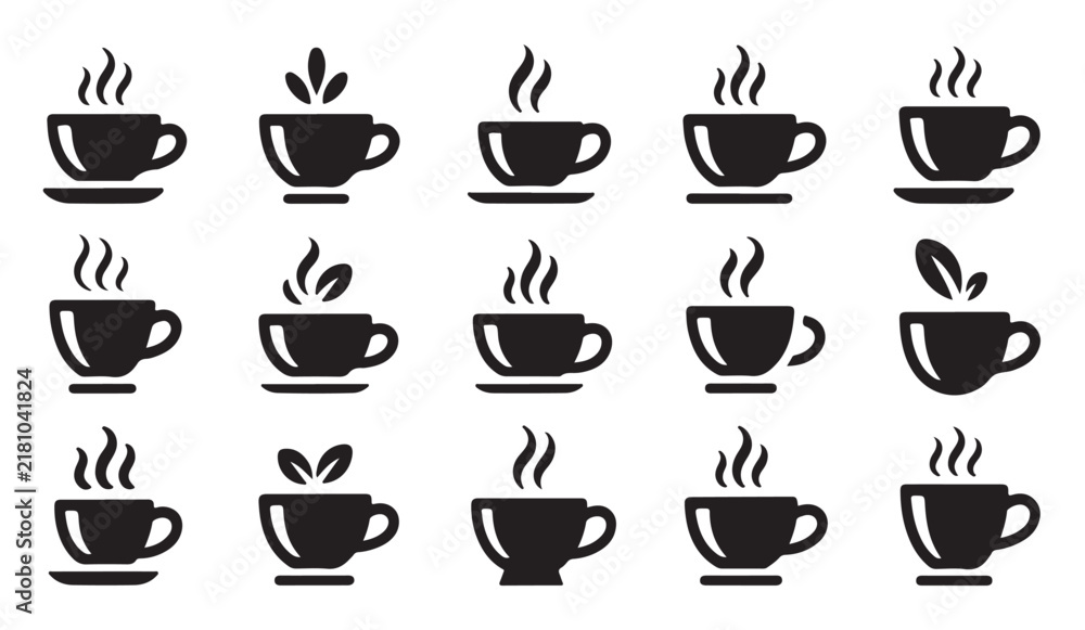 Fototapeta premium Coffee cups with steam and herbal leaves vector silhouettes set for cafe menu decoration.