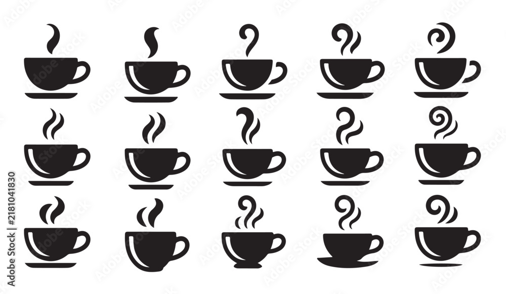 Obraz premium Smoky hot beverage cups black silhouettes collection isolated on transparent grid graphic.