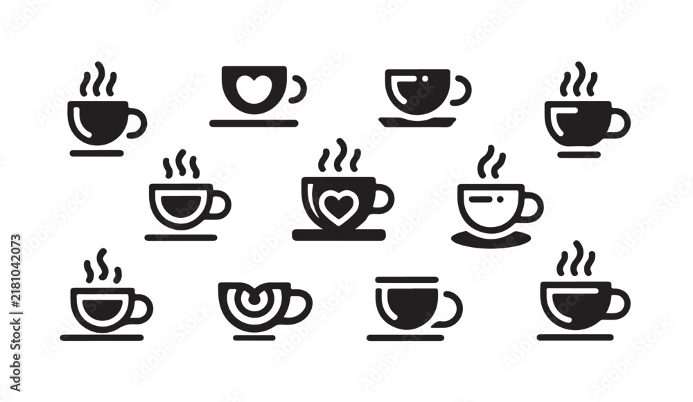 Obraz premium Minimalist coffee cup icons in black silhouette style set on transparent background grid.