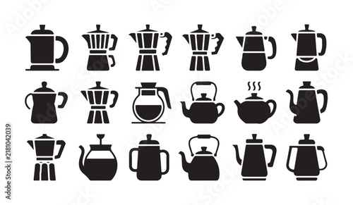 Fotografie Coffee pots and brewing equipment black vector silhouettes for restaurant design icons