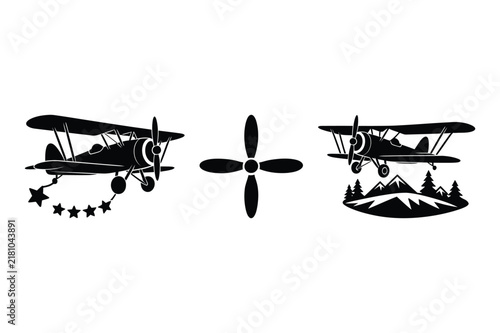 Vintage airplane aircraft adventure concept icon set with airplane