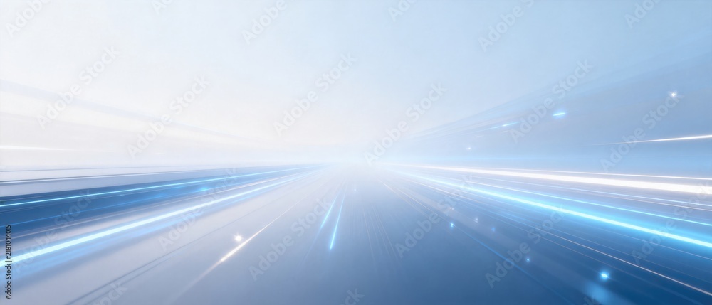 Obraz premium Futuristic blue and white speed light trails rushing toward bright horizon with dynamic motion perspective, idea for fast technology, digital transformation and innovation