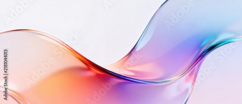 Abstract transparent glass waves with colorful orange blue and purple gradients on white background, idea for creative design, modern art and elegant visual banner