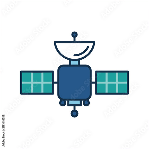 Modern flat vector illustration of a communication satellite with solar panels and antenna dish