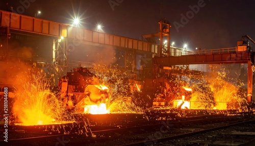 Industrial fire burning at night outside factory.