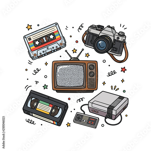 Retro Electronics Doodle Illustration with 80s and 90s Tech