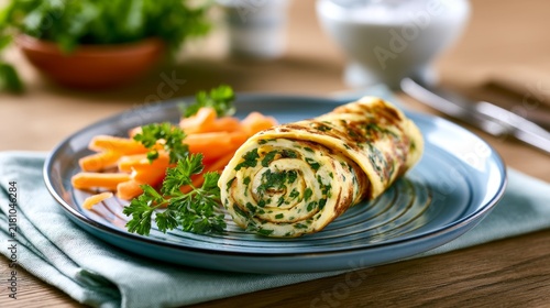 Fluffy Herb Omelet Rolled with Fresh Greens Served on a Plate with Colorful Vegetables