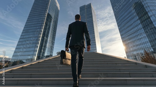 Businessman Descending Steps in Front of Corporate Buildings with a Briefcase at Sunset