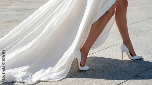 Elegant Bridal Look with High Heels Beneath Flowing White Dress in Bright Outdoor Setting