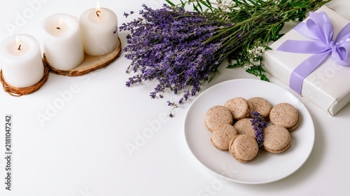 Bright Arrangement of Pastel Decor with Macarons and Lavender on a White Surface