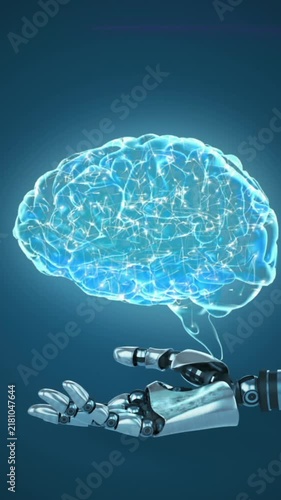 Animation of human brain spinning over robotic arm against purple light trails on blue background