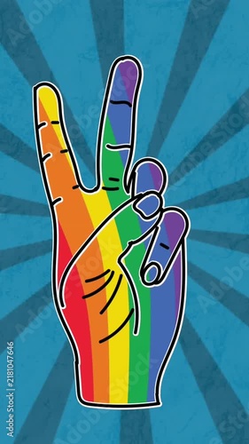 Animation of rainbow hand making peace sign over rotating radial stripes on blue background