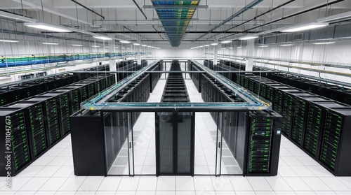Modern data center server room with rows of black racks, blinking green lights, organized cable management infrastructure, cloud computing technology, big data storage facility