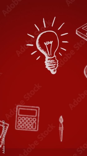 Animation of book, laptop, scale, globe, bus, calculator, light bulb over red background