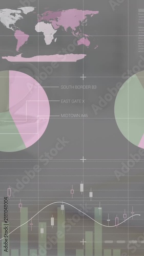 Animation of infographic interface over pen, notepad and coffee cup on desk