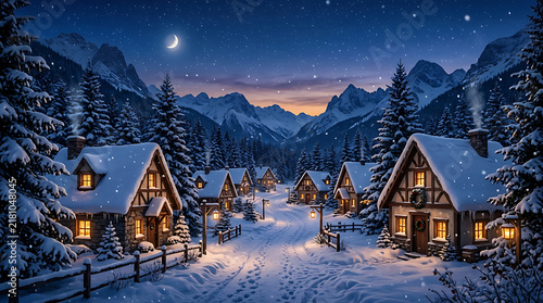 Cozy winter village landscape at night with snow falling over traditional houses