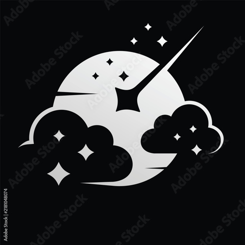 Moon Star and cloud logo design on black background.