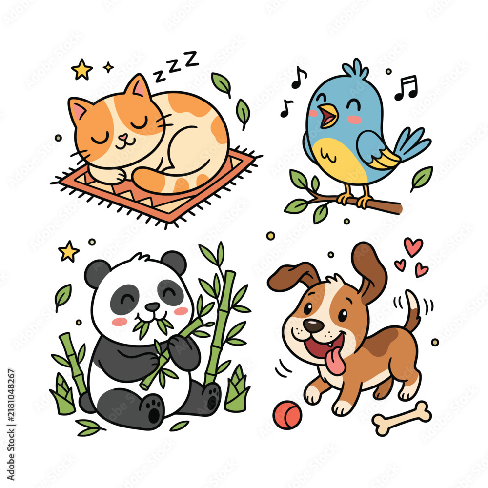 Naklejka premium Cute Cartoon Animal Sticker Set with Cat Bird Panda and Dog