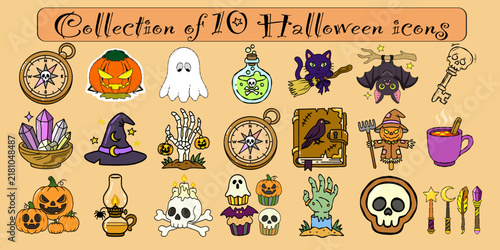 Cute hand-drawn Halloween icons with pumpkins, ghosts, witch hats, black cat, skull, magic potion & spooky elements. Perfect for stickers, party invites, and seasonal designs.