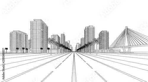 Dynamic Black and White Line Drawing of Urban Skyline with Modern High Rises and Iconic Bridge with high quality professional line art symbols for modern creative design and digital branding projects